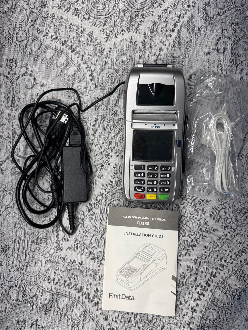 First Data FD150 Silver POS Card Terminal with Cables and Guide